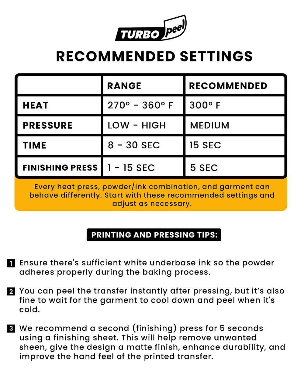 Turbo Peel DTF film recommended heat, pressure, time and finishing‑press settings chart.