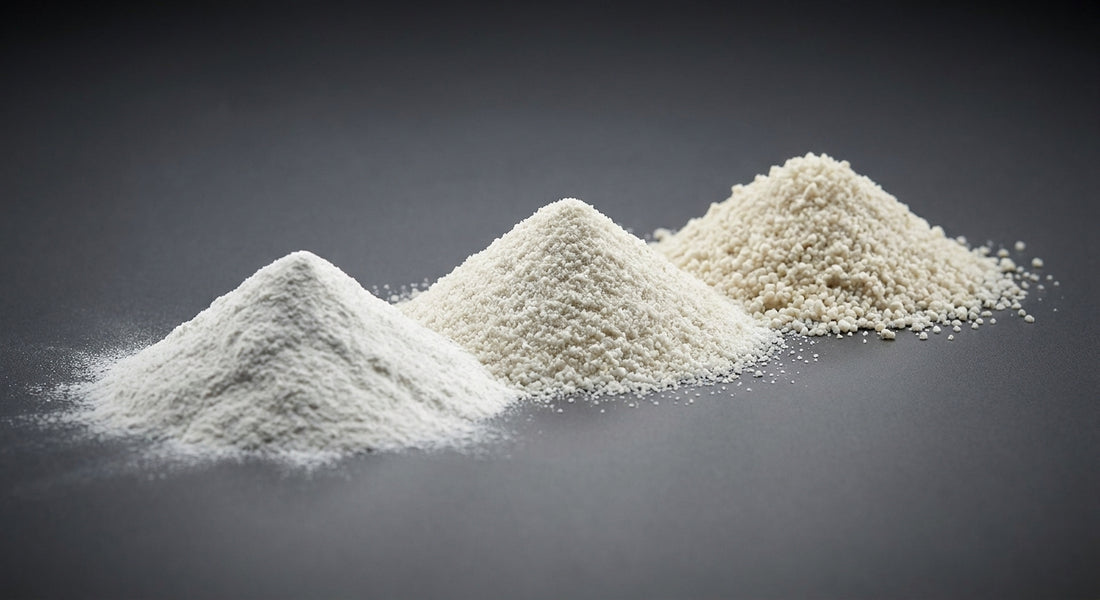 Three piles of DTF adhesive powder in fine, medium, and coarse granule sizes arranged on a dark matte surface under studio lighting, highlighting their distinct textures.