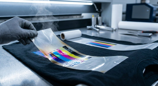 Two DTF transfer films being peeled from printed fabric at different stages on a professional print shop workbench, highlighting the difference between hot peel and cold peel processes.