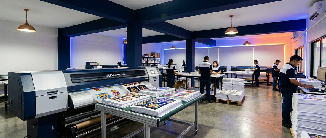 A professional DTF printing facility with a high-capacity printer and organized stacks of vibrant film transfers ready for production.