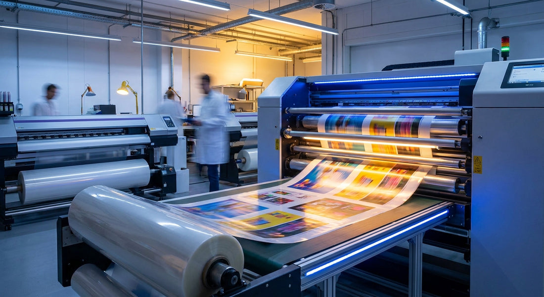 A professional DTF printer producing vibrant transfer films in a clean, high-volume print shop environment.
