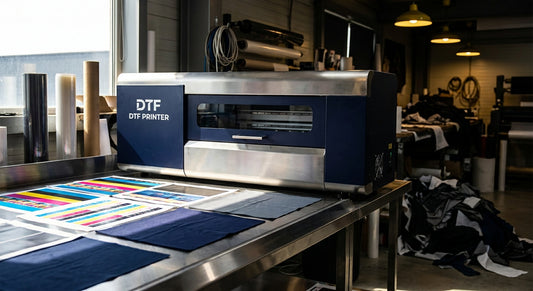 A professional DTF printer producing vibrant fabric prints on a clean industrial worktable in a well-lit print shop.