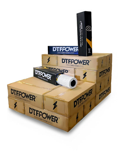 Stacked DTF Power Turbo Peel boxes with film roll for bulk hot & cold peel DTF film.