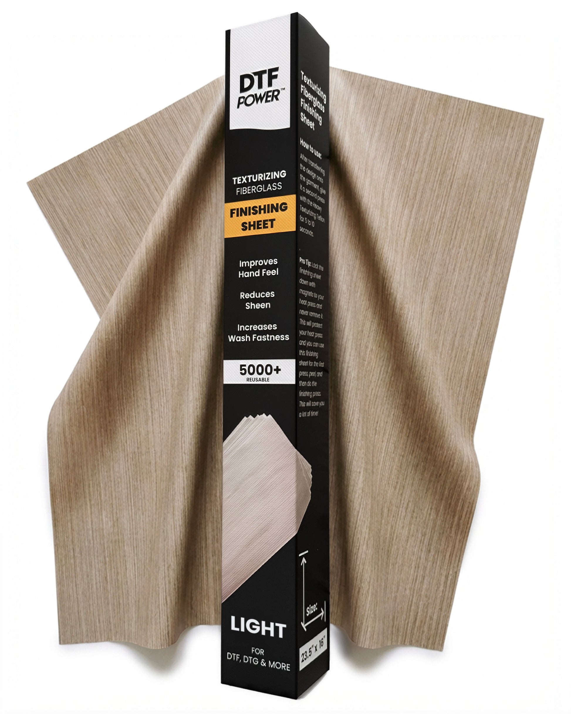 Texturing fiberglass finishing sheet with DTF Power packaging on a white background